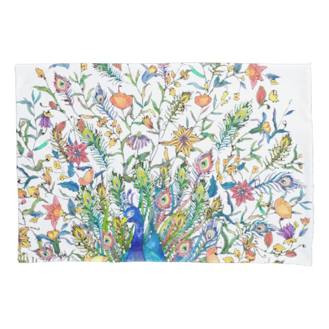 Funda De Cojín Pavo real floral acuarela (Anverso)