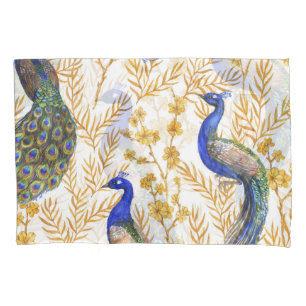 Funda De Cojín pavos reales chinos, sakura dorada, acuarela.