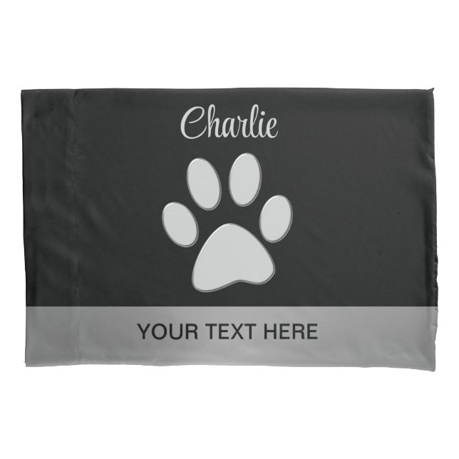 Funda De Cojín Paw de perro plateado sobre fondo negro (Anverso)