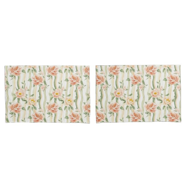 Funda De Cojín Peach Mint Roses Floral Stripes Birthday (Anverso - Set)