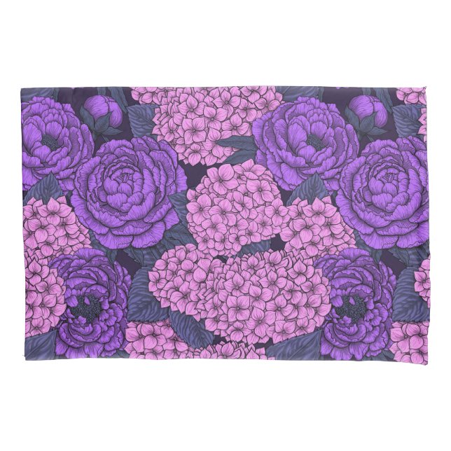 Funda De Cojín Peonía e hidrangea en rosa y violeta (Anverso)