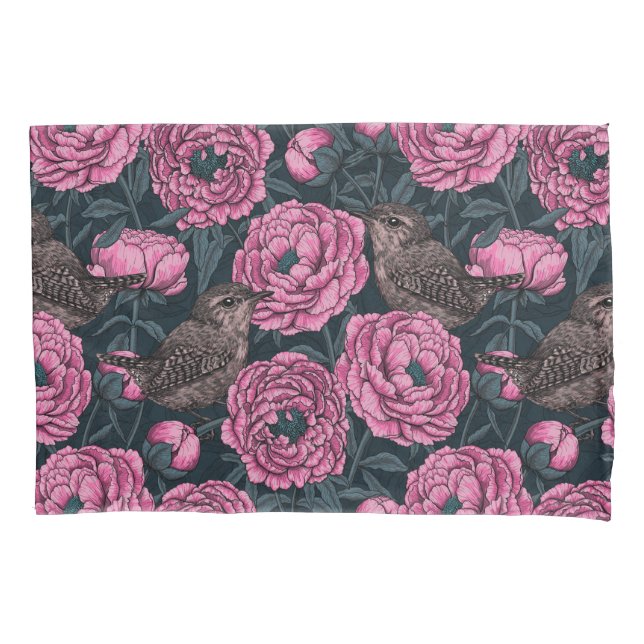 Funda De Cojín Peonies y wrenes en gris oscuro (Anverso-izquierdo)