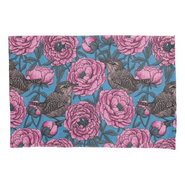 Funda De Cojín Peonies y wrens en azul (Anverso-izquierdo)