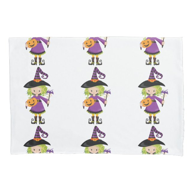 Funda De Cojín Pequeña bruja con calabaza (Anverso)