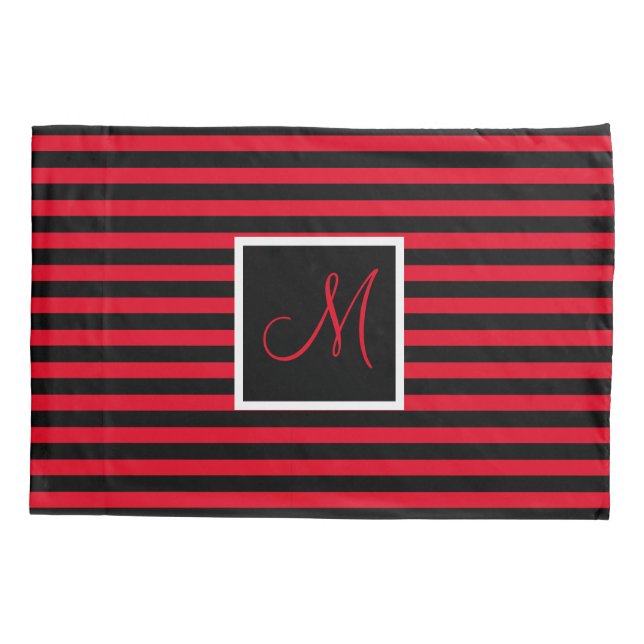 Funda De Cojín Personalizado inicial rojo y negro rayado (Reverso)