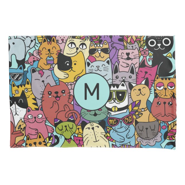 Funda De Cojín Personalizado Monograma Gracioso Gatos Ilustracion (Anverso)