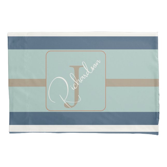 Funda De Cojín Personalized Blue Mint Tan Stripe Monogram Coastal (Anverso)