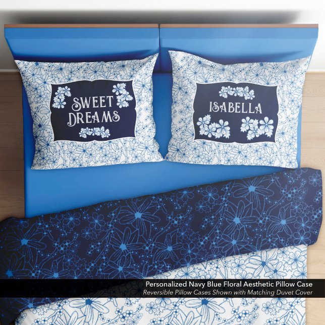 Funda De Cojín Personalized Navy Blue Floral Aesthetic (Reversible Navy Blue Floral Aesthetic Pillow Case–Personalized with Your Name.)