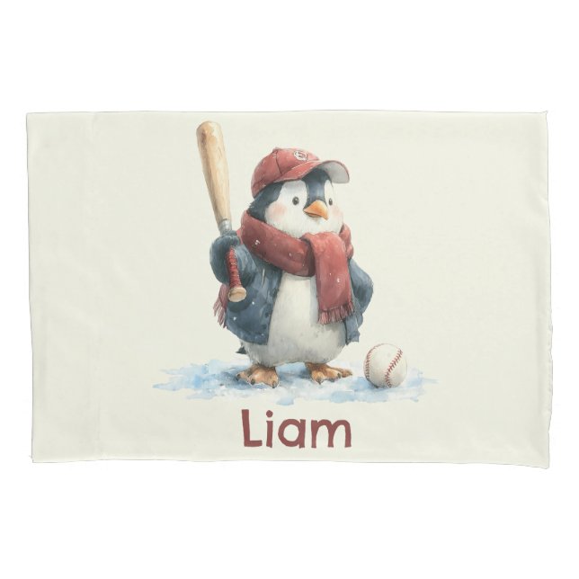 Funda De Cojín Personalized Winter Penguin Baseball Kid (Anverso)