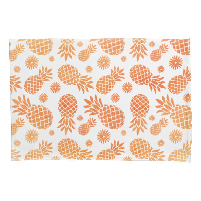 Funda De Cojín Piñas tropicales y flores arte blanco naranja (Anverso)