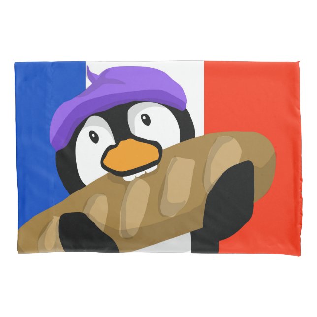 Funda De Cojín Pingüino parisino con Baguette (Anverso)