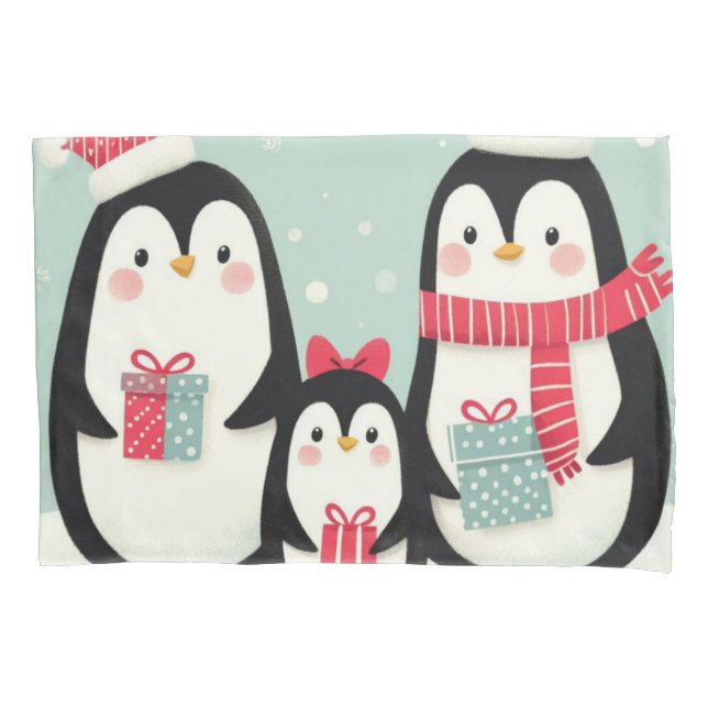 Funda De Cojín Pingüinos nevados de Feliz Navidad (Anverso)