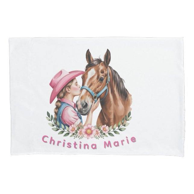 Funda De Cojín Pink Cowgirl Kissing a Horse Birthday Party Gift (Anverso)