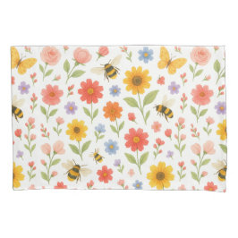Funda De Cojín Pink Orange Yellow Floral and Bee Pattern 