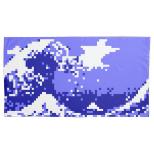 Funda De Cojín Pixel Tsunami Blue 8 bit Pixel Art