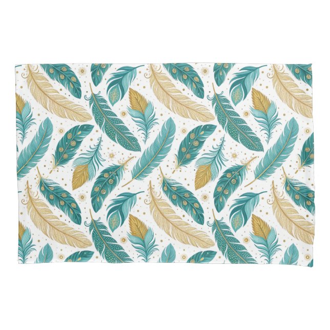 Funda De Cojín Plumas Boho Turquesa y Dorado (Anverso-izquierdo)