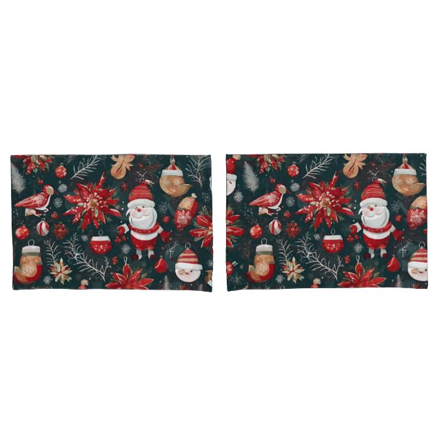 Funda De Cojín Poinsettia roja, Santa Claus, pájaro, bauble, homb (Anverso - Set)