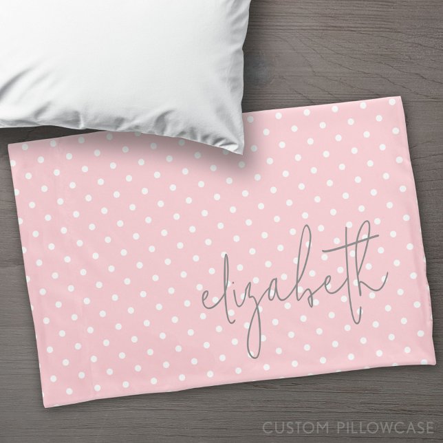 Funda De Cojín Polka de moda Dot rosado guión gris nombre (Custom Pillowcase)