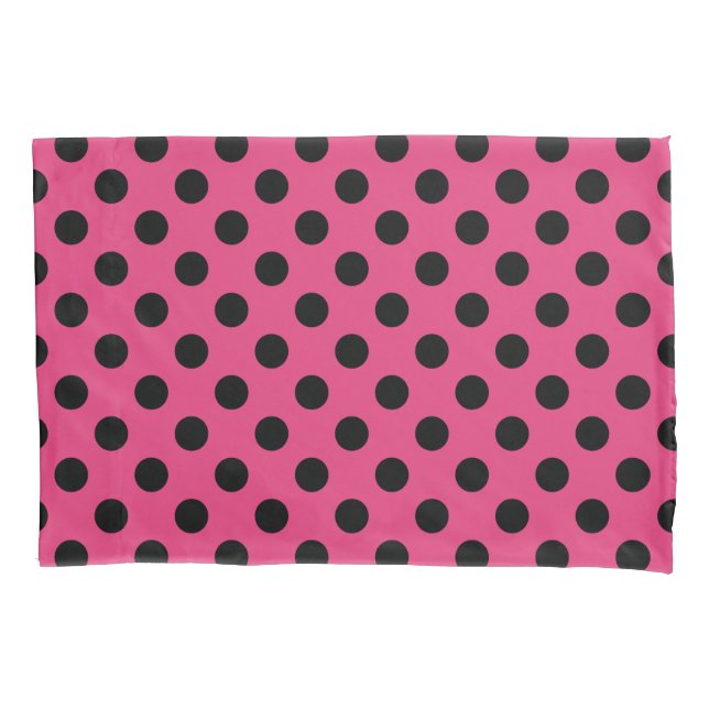 Funda De Cojín Pos de polka negro en fucsia (Anverso)