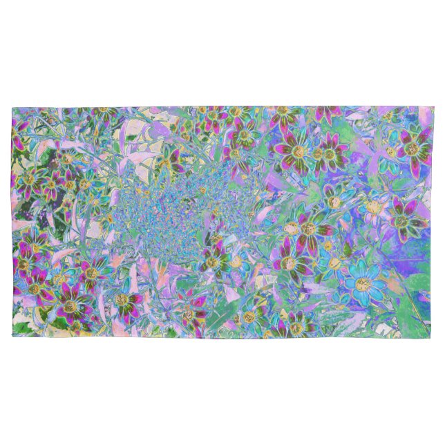 Funda De Cojín Púrpura Retro, Flores salvajes verdes y azules en  (Anverso-izquierdo)