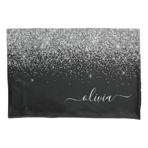Funda De Cojín Purpurina negro plateado Script Monograma Nombre d