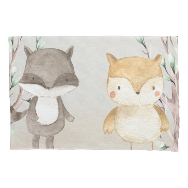 Funda De Cojín Racconón y lechuza de animales de bosque (Anverso)