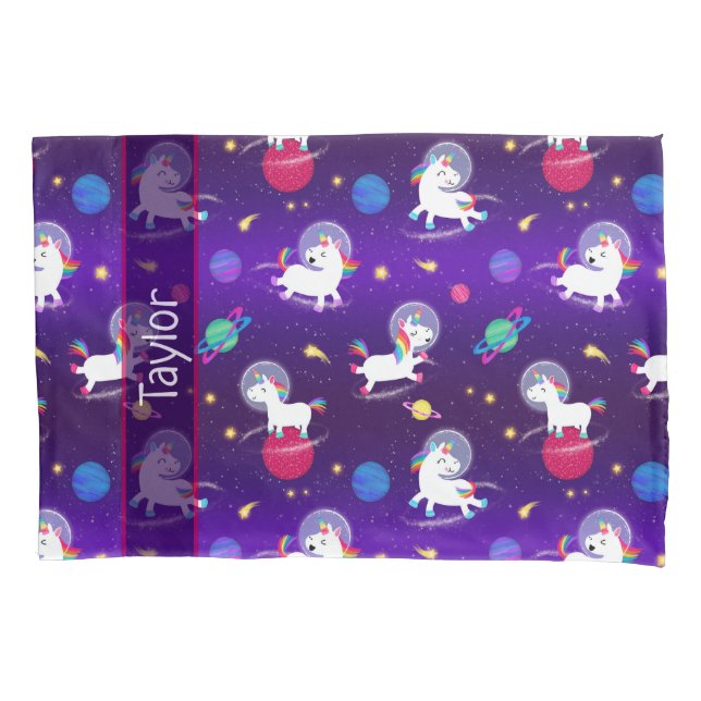 Funda De Cojín Rainbow Unicorns In Space Purple Ombre (Anverso)