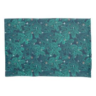 Funda De Cojín Ramas de pino azul verdoso con copos de nieve blan