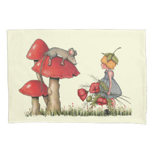 Funda De Cojín Ratón que duerme en un Toadstool, chica con las