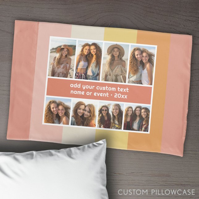 Funda De Cojín Rayas Retro - Colaje de 8 Fotos (Create Your Own Photo Collage Pillowcase)