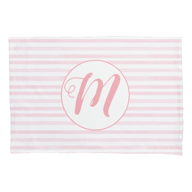 Funda De Cojín Rayas Rosa y Blanco con Monograma (Anverso)