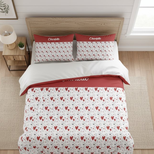 Funda De Cojín Red Black Doodle Hearts Retro Monogram Name (cute red and black retro hearts theme custom pillowcase with name monogram)