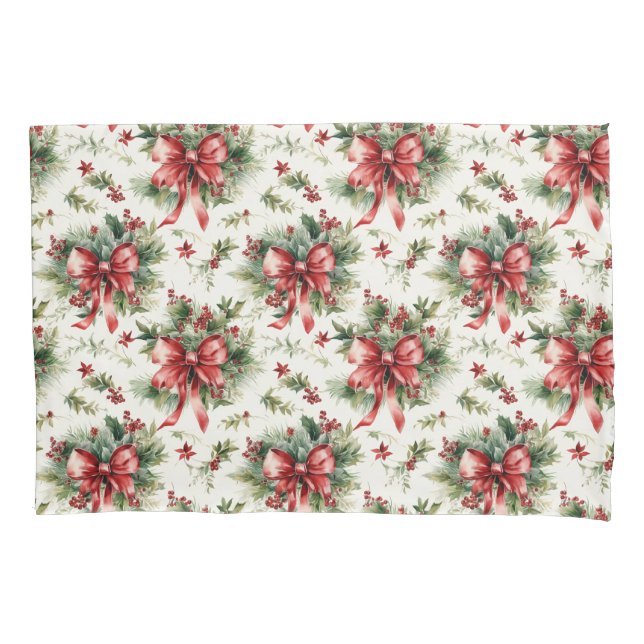 Funda De Cojín Red Bows and Holly Leaves (Anverso)