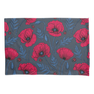 Funda De Cojín Red poppies and ladybugs on dark blue