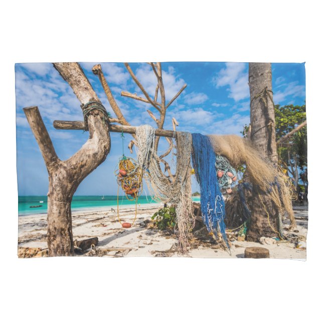 Funda De Cojín Redes de pesca que se secan en la playa (Anverso)