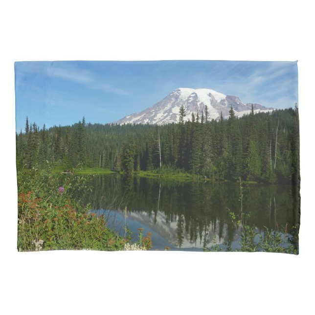 Funda De Cojín Reflejo del lago del Monte Rainier con flores silv (Anverso)