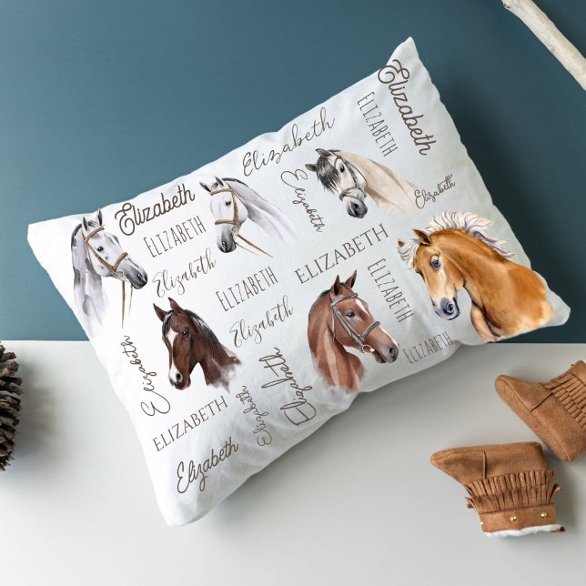 Funda De Cojín Regalos ecuestres para chicas nombre personalizado (Horses personalized name collage with beautiful horse portraits and name written all over horse gift)