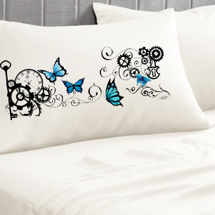 Funda De Cojín Remolinos de engranajes de mariposas azules tribal