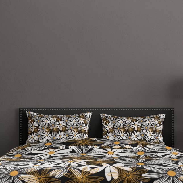Funda De Cojín Resumen elegante de floral de margarita negro, bla (Black, White, Yellow Elegant Daisy Floral Abstract Pillow Case)