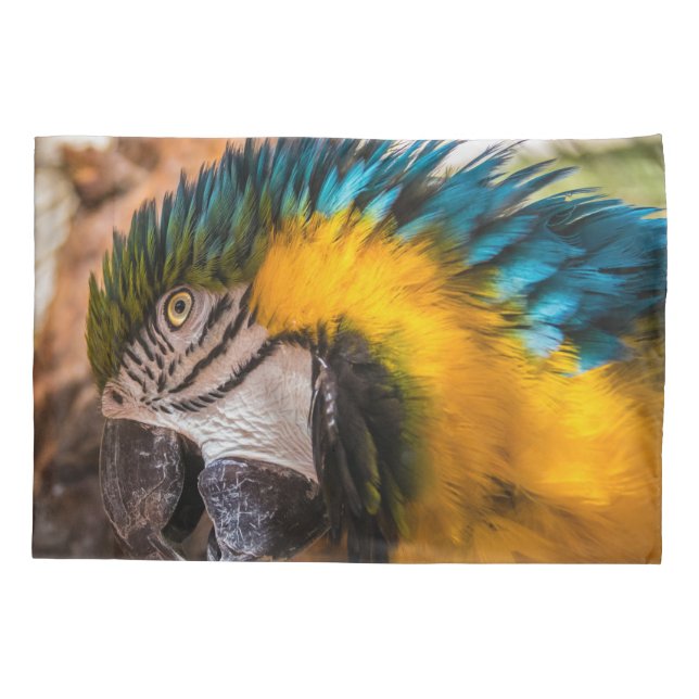 Funda De Cojín Retrato de macao azul y amarillo (Reverso)