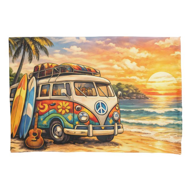 Funda De Cojín Retro 60s Hippie Beach Bus Sunset | Surf Van Life (Anverso)