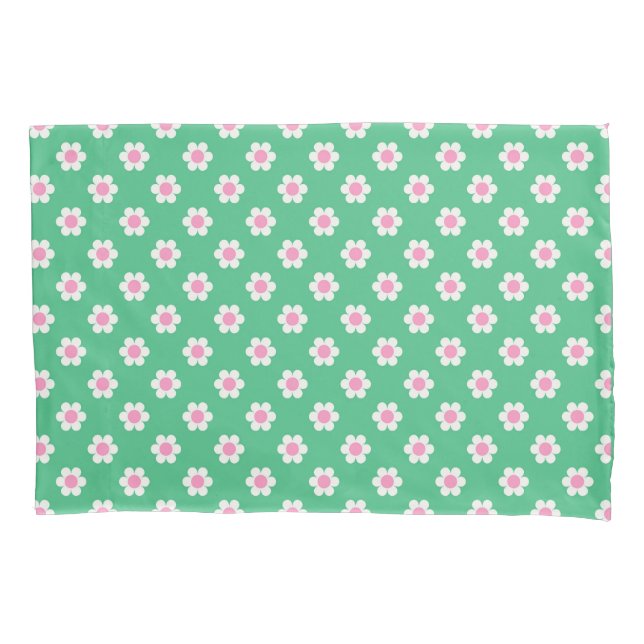Funda De Cojín Retro Daisies Rosa y Verde Reversible (Anverso-izquierdo)