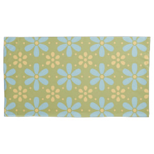 Funda De Cojín Retro Resumen de flores azules y amarillas en verd