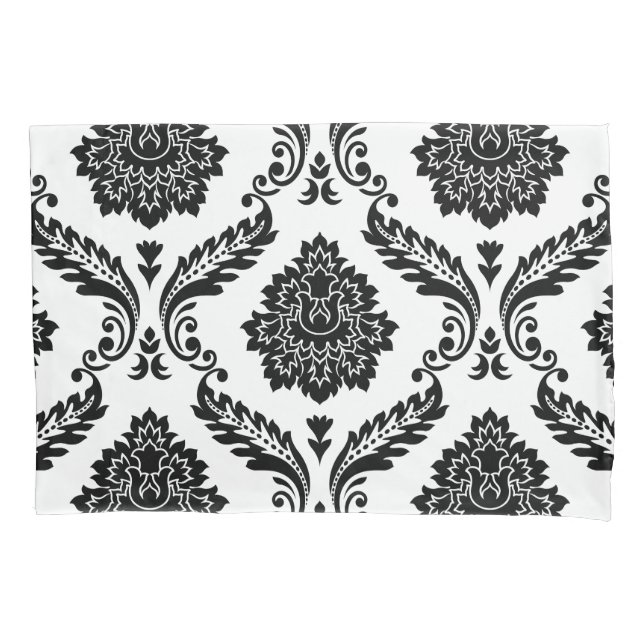 Funda De Cojín Rococo Damask Patrón Grande Negro sobre Blanco (Anverso)