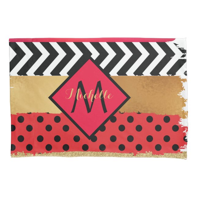 Funda De Cojín Rojo Purpurina de oro negro broche de broca monogr (Anverso)