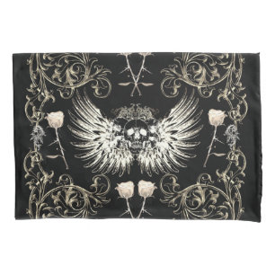 Funda De Cojín Romance Gótico Victoriano Cráneo Alas y Rosas Blan