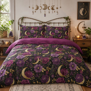 Funda De Cojín Romance Oscuro Luna Celestial Morado Dorado