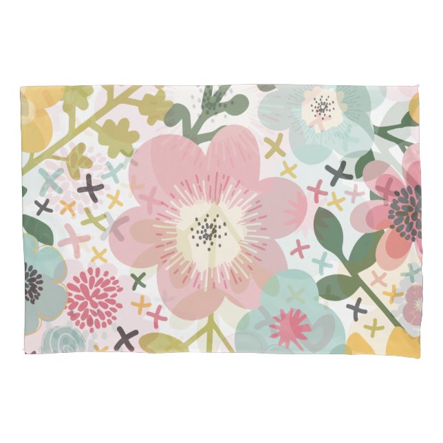 Funda De Cojín Rosa Azul Amarillo Floral Moderno  (Anverso)