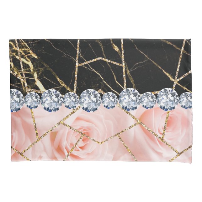 Funda De Cojín Rosa de mármol de plata blanca Purpurina negro píl (Anverso)