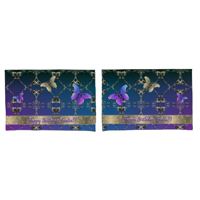 Funda De Cojín Rosa y mariposa malva azul morado (Anverso - Set)